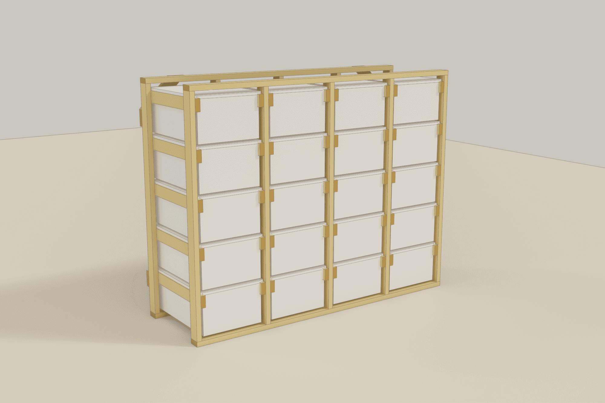 Garage tote storage rack holding twenty bins on a five-shelf, four-column frame