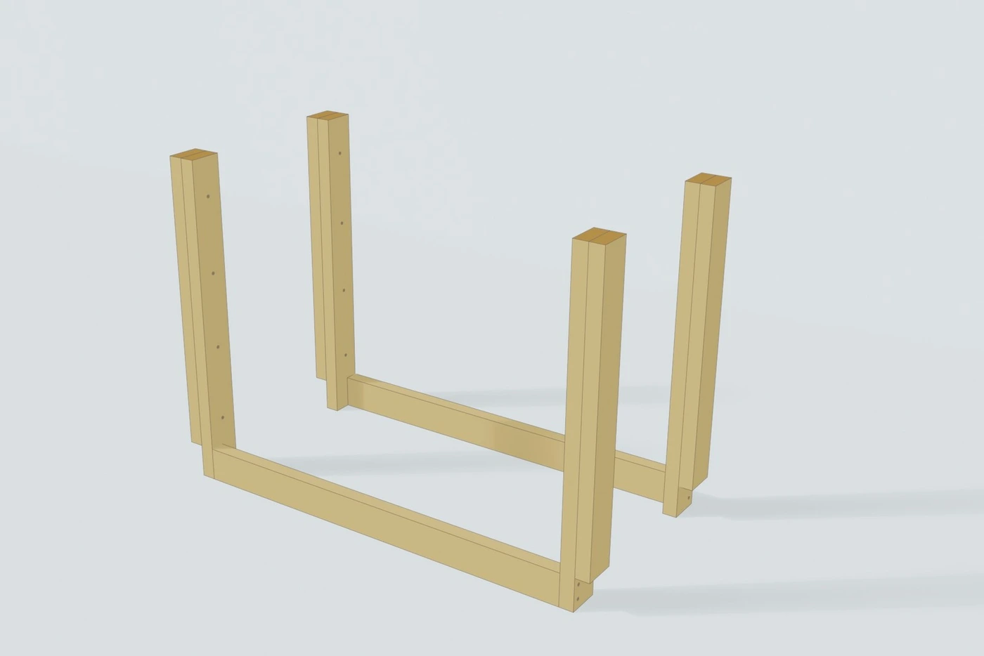 2×4 Workbench, step 3: both end frames upside down, leg tops on the floor