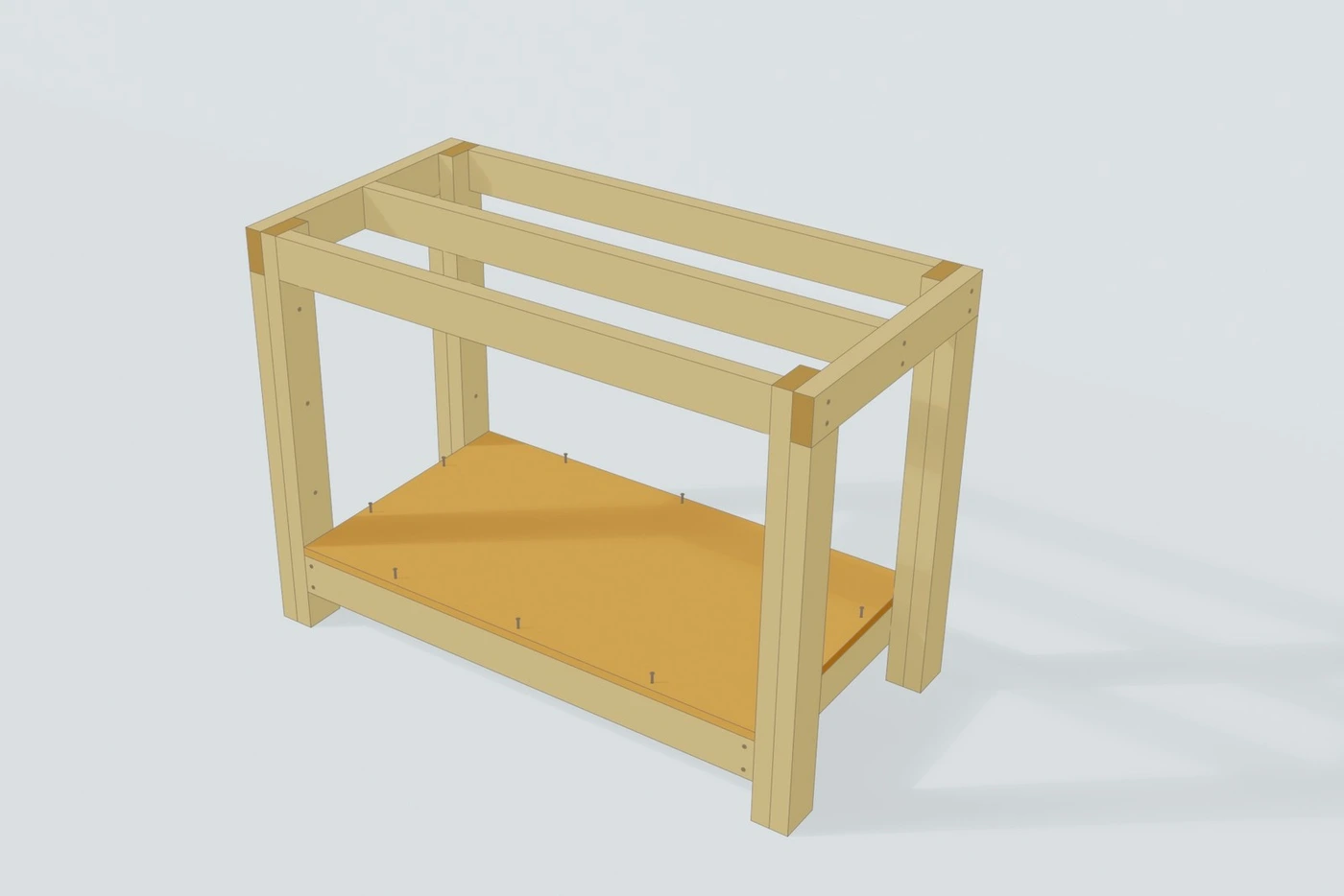 2×4 Workbench, step 6: the bottom shelf going in